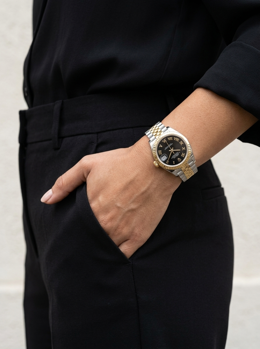 Ladies Date-Just | Black Roman Two-Tone Gold